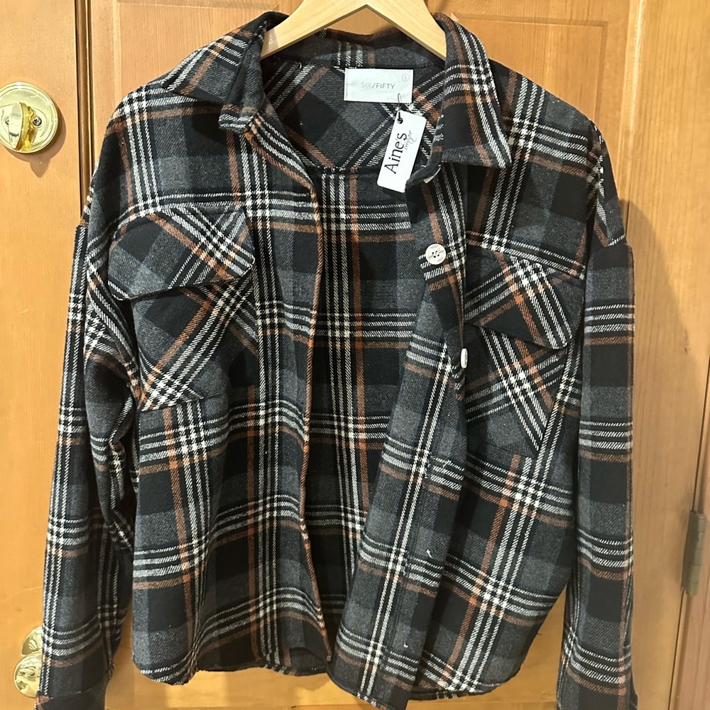 Six fifty Women's Black and Orange Plaid Button Down Shirt